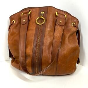 Boho Brown Leather Purse Handbag Gold Hoop Circle Zipper Detail Hobo Via Spiga